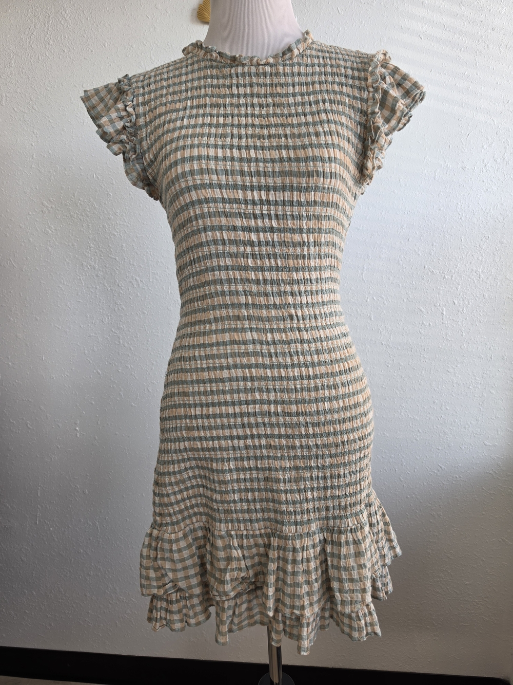 Veronica Beard Cici Smocked Gingham Ruffle Mini Dress Size 2